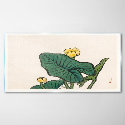 Tableau en verre Fleurs sur fond de feuilles