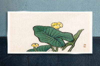 Tableau en verre Fleurs sur fond de feuilles