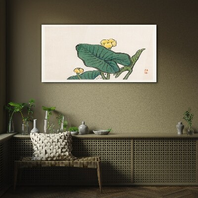 Tableau en verre Fleurs sur fond de feuilles