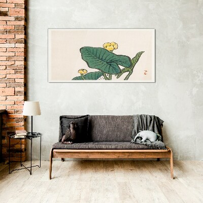 Tableau en verre Fleurs sur fond de feuilles