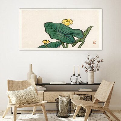 Tableau en verre Fleurs sur fond de feuilles