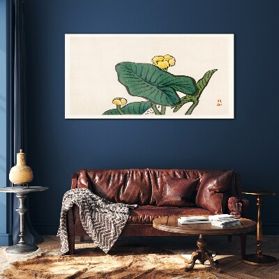 Tableau en verre Fleurs sur fond de feuilles