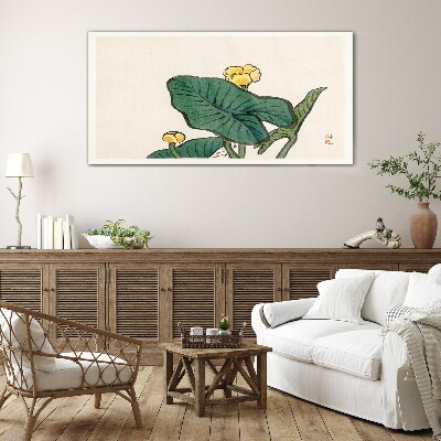 Tableau en verre Fleurs sur fond de feuilles