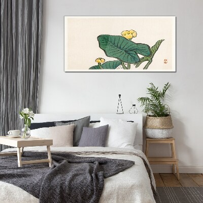 Tableau en verre Fleurs sur fond de feuilles