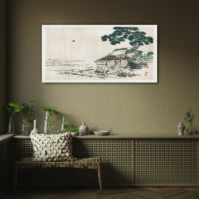 Tableau photo sur verre Un chalet de campagne tranquille au bord du lac