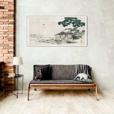 Tableau photo sur verre Un chalet de campagne tranquille au bord du lac