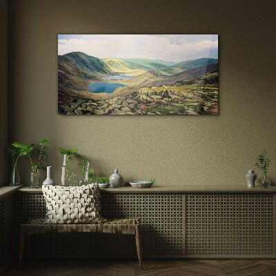 Tableau imprimé sur verre Paysage de montagne avec un lac