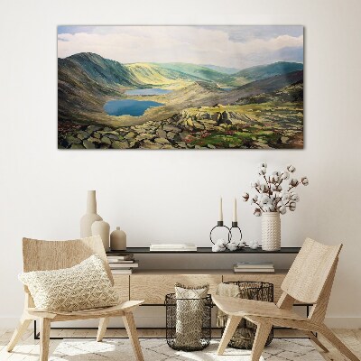 Tableau imprimé sur verre Paysage de montagne avec un lac