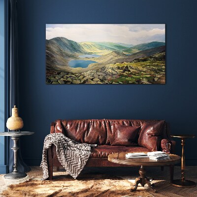 Tableau imprimé sur verre Paysage de montagne avec un lac