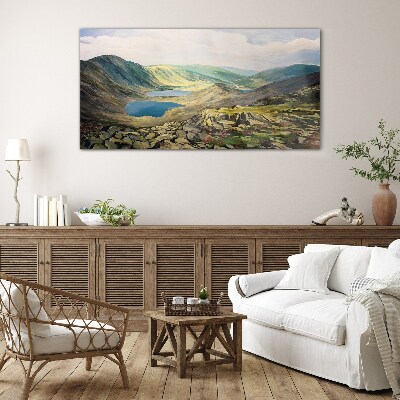 Tableau imprimé sur verre Paysage de montagne avec un lac