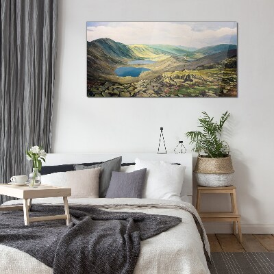 Tableau imprimé sur verre Paysage de montagne avec un lac