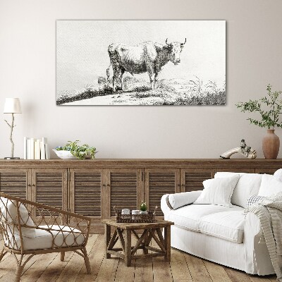 Tableau verre imprimé Vache noire dans le pâturage