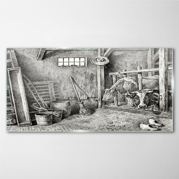 Tableau en verre Un enclos avec des vaches et des outils