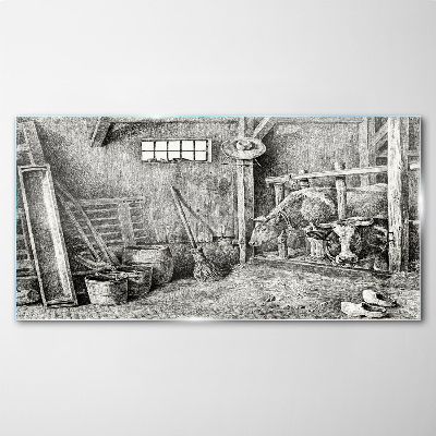 Tableau en verre Un enclos avec des vaches et des outils