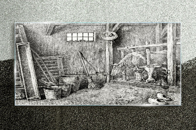 Tableau en verre Un enclos avec des vaches et des outils