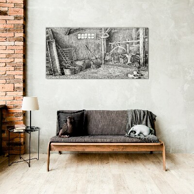 Tableau en verre Un enclos avec des vaches et des outils
