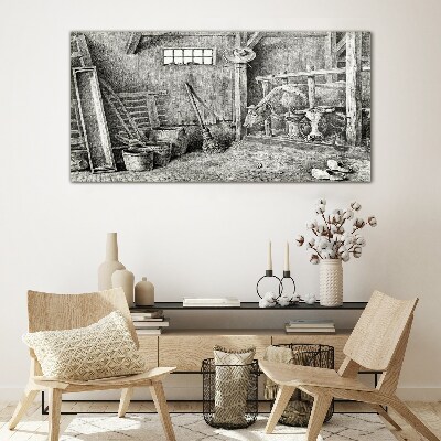 Tableau en verre Un enclos avec des vaches et des outils