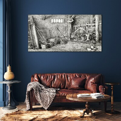 Tableau en verre Un enclos avec des vaches et des outils