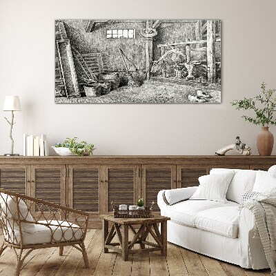 Tableau en verre Un enclos avec des vaches et des outils