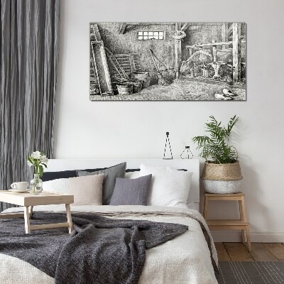 Tableau en verre Un enclos avec des vaches et des outils