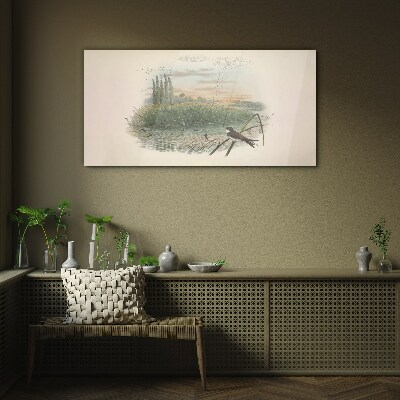 Tableau verre imprimé Un paysage paisible avec un oiseau