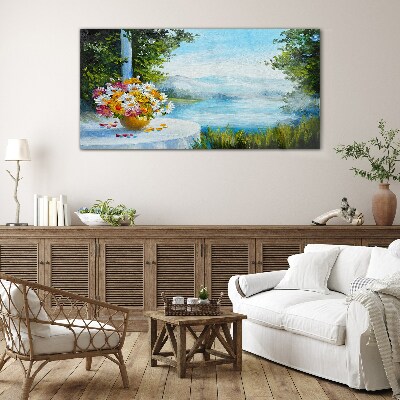 Tableau en verre Un bouquet de fleurs au bord du lac