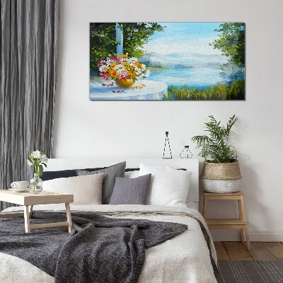 Tableau en verre Un bouquet de fleurs au bord du lac