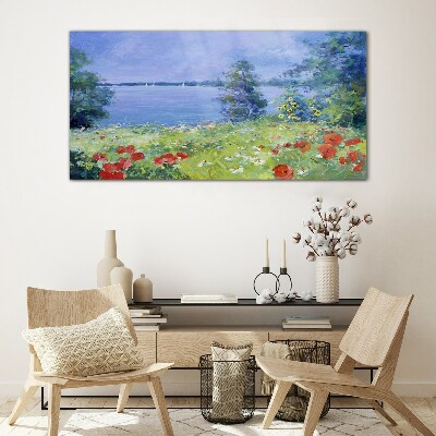 Tableau photo sur verre Paysage floral au bord du lac