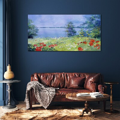 Tableau photo sur verre Paysage floral au bord du lac