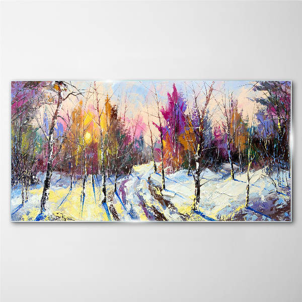Tableau sur verre Paysage d'hiver aux couleurs du coucher de soleil
