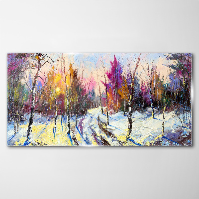 Tableau sur verre Paysage d'hiver aux couleurs du coucher de soleil