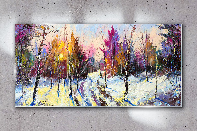 Tableau sur verre Paysage d'hiver aux couleurs du coucher de soleil