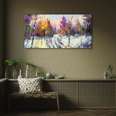 Tableau sur verre Paysage d'hiver aux couleurs du coucher de soleil