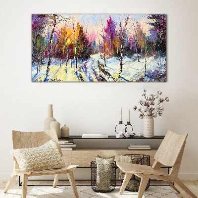 Tableau sur verre Paysage d'hiver aux couleurs du coucher de soleil