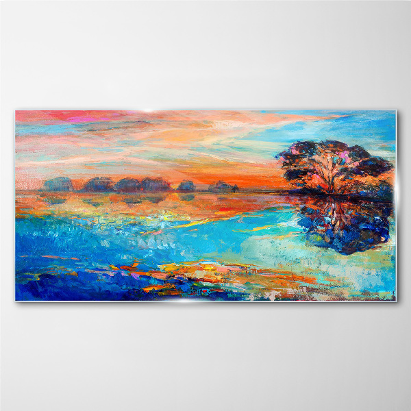 Tableau sur verre Coucher de soleil sur le lac