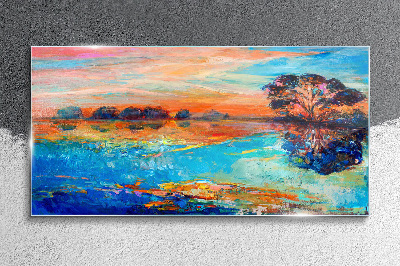 Tableau sur verre Coucher de soleil sur le lac