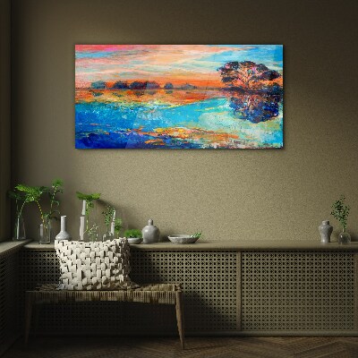 Tableau sur verre Coucher de soleil sur le lac