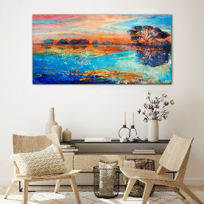 Tableau sur verre Coucher de soleil sur le lac