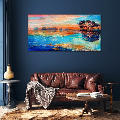 Tableau sur verre Coucher de soleil sur le lac