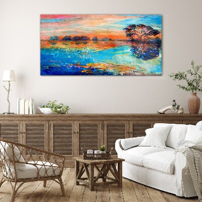 Tableau sur verre Coucher de soleil sur le lac