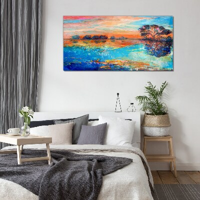 Tableau sur verre Coucher de soleil sur le lac