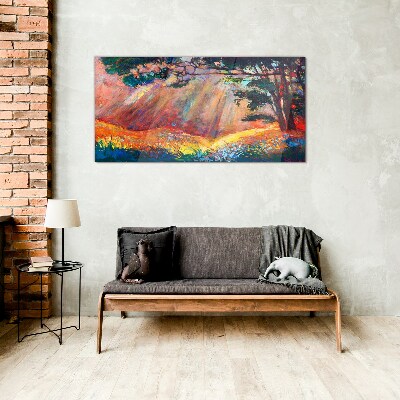Tableau imprimé sur verre Rayons dorés dans le paysage d'été
