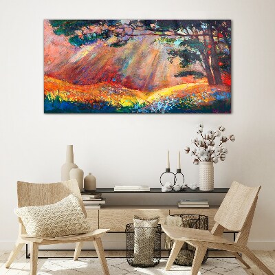 Tableau imprimé sur verre Rayons dorés dans le paysage d'été