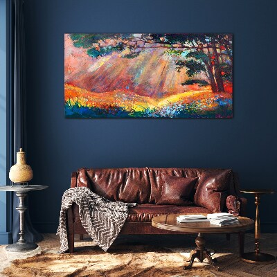 Tableau imprimé sur verre Rayons dorés dans le paysage d'été