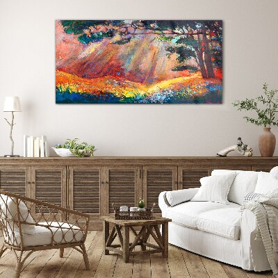 Tableau imprimé sur verre Rayons dorés dans le paysage d'été