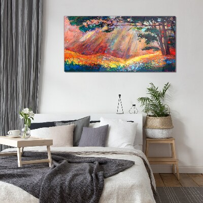 Tableau imprimé sur verre Rayons dorés dans le paysage d'été