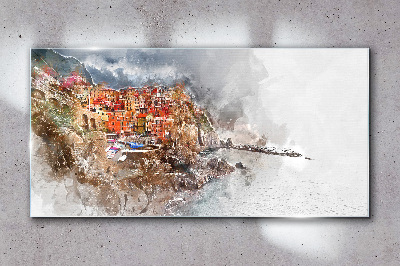 Tableau sur verre Une ville colorée au bord de la mer