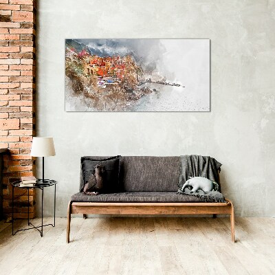 Tableau sur verre Une ville colorée au bord de la mer