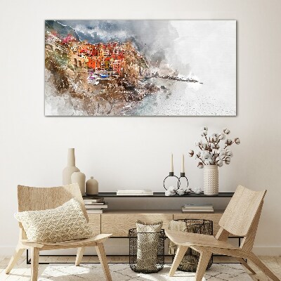 Tableau sur verre Une ville colorée au bord de la mer