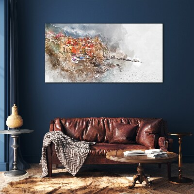 Tableau sur verre Une ville colorée au bord de la mer
